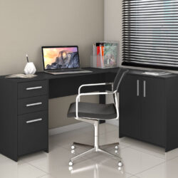 Mesa de Escritório em L com Armário Embutido 2 Gavetas 3 Portas