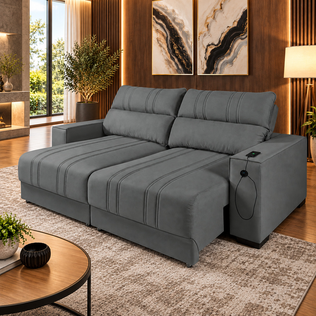 Sofá Retrátil Reclinável 2.30 M com Molas e USB 10x de R$429,90. - Imagem 4
