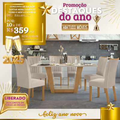 Conjunto de Sala de Jantar Mesa Tampo de Vidro e MDF 6 Cadeiras 10x de R$ 359,90 - Image 2