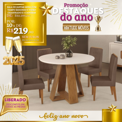 Sala de Jantar Mesa com Tampo Redondo e Vidro Chanfrado e 4 Cadeiras 10x de R$ 219,90 - Image 2