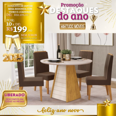 Conjunto de Jantar Mesa Redonda com Vidro e 4 Cadeiras 10x de R$ 119,90