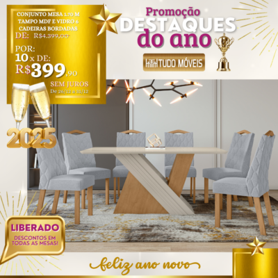 Conjunto Mesa 1.70 M Tampo MDF e Vidro 6 Cadeiras Bordadas 10x de R$ 399,00 - Image 2