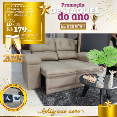 Sofá Retrátil e Reclinável 1.70 M com Tecido Veludo e Suede 10x de R$ 179,90