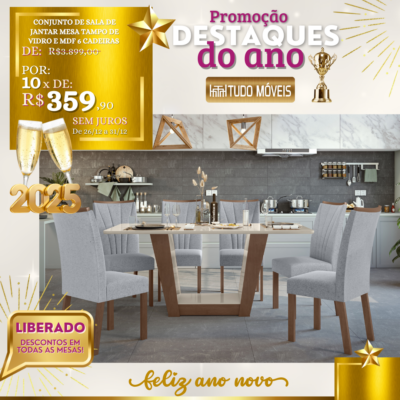 Conjunto de Sala de Jantar Mesa Tampo de Vidro e MDF 6 Cadeiras 10x de R$ 359,90