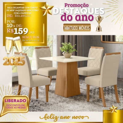 Sala de Jantar com Tampo de MDF Laqueado sem Vidro com 4 Cadeiras 10x de R$ 159,90 - Image 3