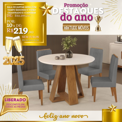 Sala de Jantar Mesa com Tampo Redondo e Vidro Chanfrado e 4 Cadeiras 10x de R$ 219,90 - Image 3