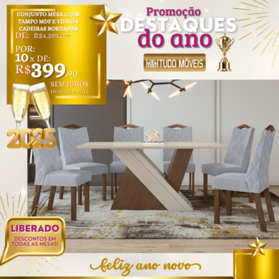 Conjunto Mesa 1.70 M Tampo MDF e Vidro 6 Cadeiras Bordadas 10x de R$ 399,00