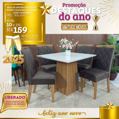 Sala de Jantar com Tampo de MDF Laqueado sem Vidro com 4 Cadeiras 10x de R$ 159,90