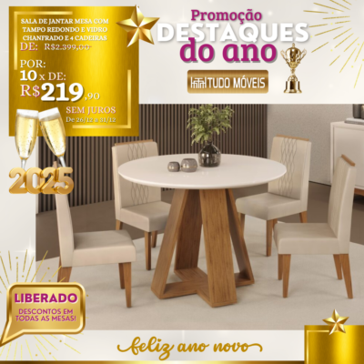 Sala de Jantar Mesa com Tampo Redondo e Vidro Chanfrado e 4 Cadeiras 10x de R$ 219,90