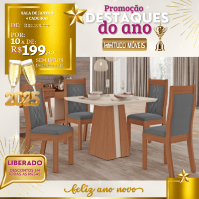 Sala de Jantar 4 Cadeiras 10x de R$ 199,90