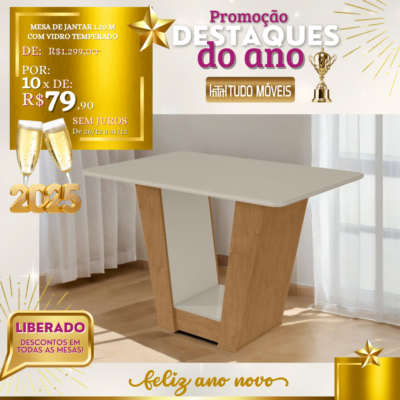 Mesa de Jantar 1.20 M com Vidro Temperado 10x de R$ 79,90