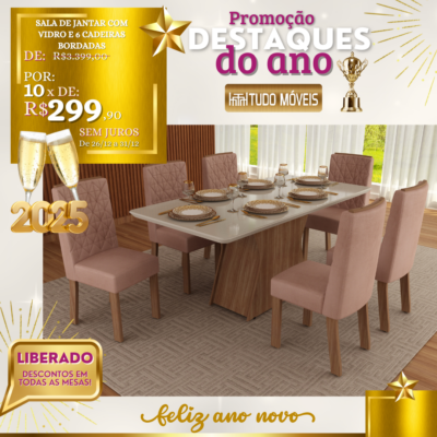 Sala de Jantar com Vidro e 6 Cadeiras Bordadas 10x de R$ 299,90