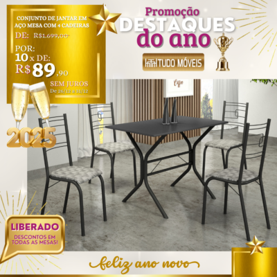 Conjunto de Jantar em Aço Mesa com 4 Cadeiras 10x de R$ 89,90