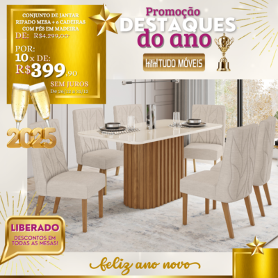 Conjunto de Jantar Ripado Mesa + 6 Cadeiras com Pés em Madeira 10x de R$ 399,90