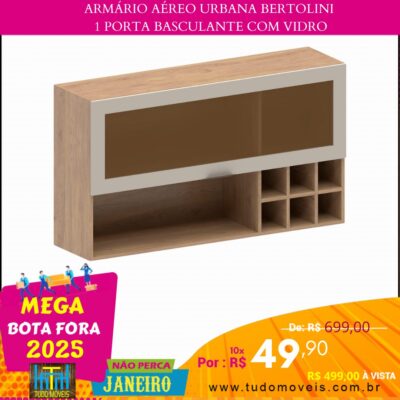 Armário Aéreo Bertolini Urbana 1 Porta Basculante com Vidro 10x de R$ 49,90