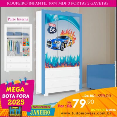 Roupeiro Infantil 100% MDF 3 Portas 2 Gavetas 10x de R$ 79,90