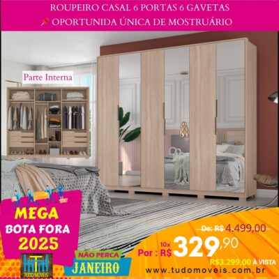 Roupeiro Casal 6 Portas 6 Gavetas 10x de R$ 329,90