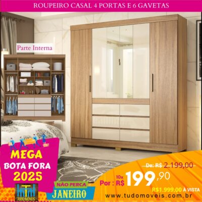 Roupeiro Casal 4 Portas e 6 Gavetas 10x de R$ 199,90