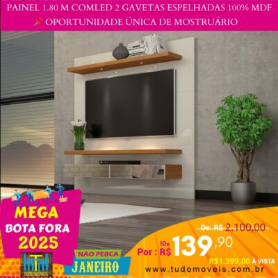 Painel 1.80 M com Led 2 Gavetas Espelhadas 100% MDF 10x de R$ 139,90