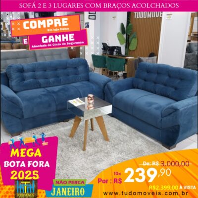 Sofá 2 e 3 Lugares com Braços Acolchoados 10x de R$ 239,90