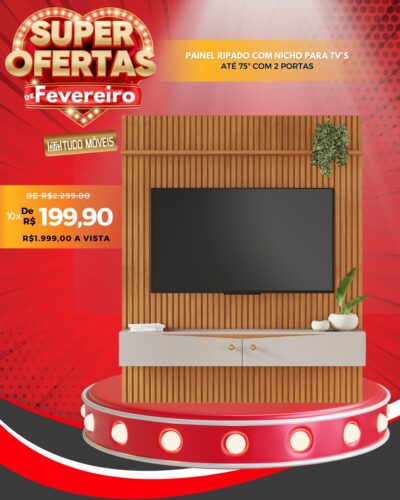 Painel Ripado com Nicho para TV's até 75" com 2 Portas e Suporte para TV 10x de R$ 199,90