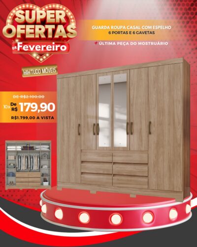 Guarda Roupa Casal com Espelho 6 Portas e 6 Gavetas 10x de R$ 179,90