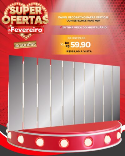 Painel Decorativo Barra Vertical com Espelhos 100% MDF 10x de R$ 59,90