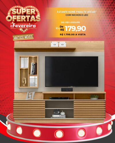 Estante Home para TV até 65" com Nichos e Led 10x de R$ 179,90