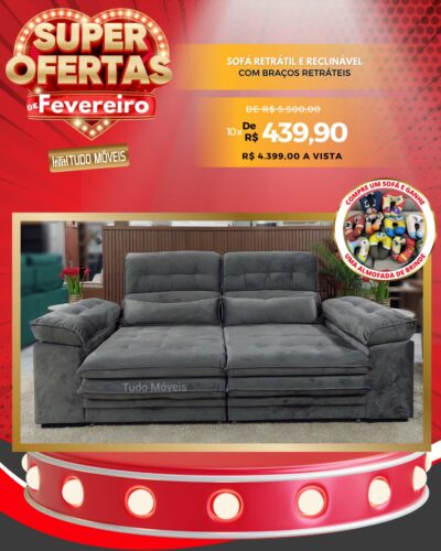Sofá Retrátil e Reclinável com Braços Retráteis 10x de R$ 439,90