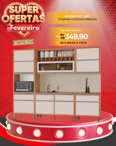 Cozinha 100% MDF 9 Portas 4 Gavetas Completa 10x de R$ 349,90