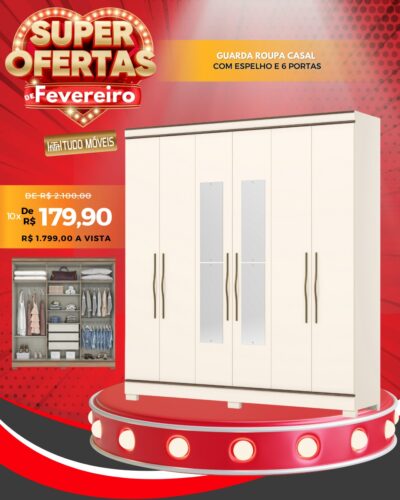 Guarda Roupa Casal com Espelho e 6 Portas 10x de 179,90