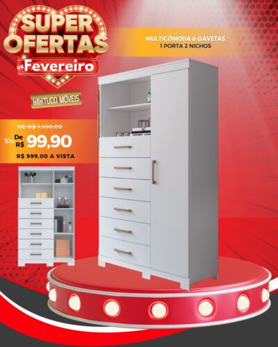 Multicômoda 6 Gavetas Porta 2 Nichos 10x de R$ 99,90