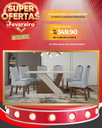 Conjunto Mesa 1.70 M Tampo MDF e Vidro 6 Cadeiras Bordadas 10x de R$ 349,90 - Image 2