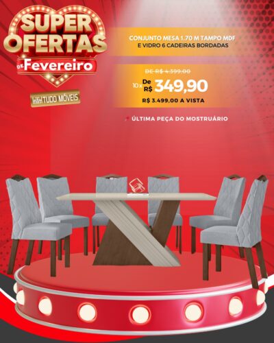 Conjunto Mesa 1.70 M Tampo MDF e Vidro 6 Cadeiras Bordadas 10x de R$ 349,90