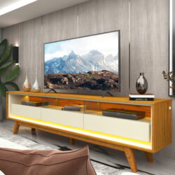 Rack 100% MDF 3 Gavetas com Led e Pés em Madeira Maciça