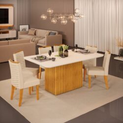 Conjunto de Jantar Mesa Ripada com Tampo em Vidro e 6 Cadeiras Acolchoadas 10x de R$ 489,90
