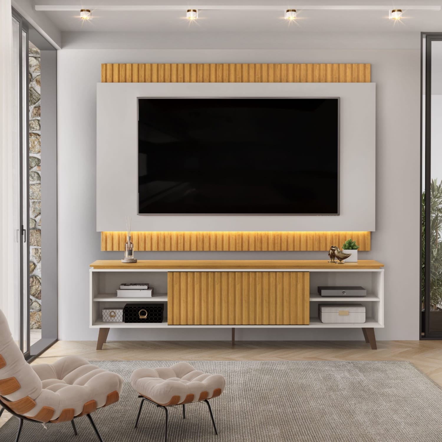 Bancada com Painel Ripado com Led para TVs até 75"