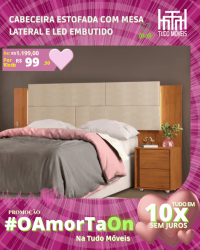 Cabeceira Estofada com Mesa Lateral e LED Embutido por apenas 10x de R$ 99,90 sem juros no cartão