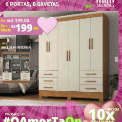 Roupeiro Paris 6 portas, 6 gavetas por apenas 10x de R$ 199,90 sem juros no cartão