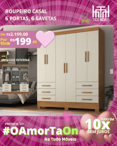 Roupeiro Paris 6 portas, 6 gavetas por apenas 10x de R$ 199,90 sem juros no cartão