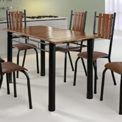 Conjunto de Jantar em Aço com Tampo em Madeira e 6 Cadeiras