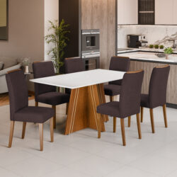 Conjunto de Jantar com Mesa em MDF e 6 Cadeiras em Madeira Maciça