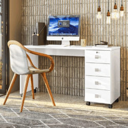 Mesa Office com 4 Gavetas, Chave e Rodinhas