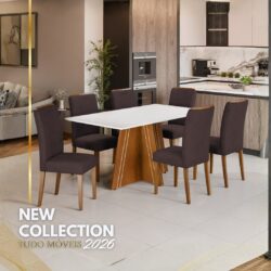 Conjunto de Jantar com Mesa em MDF e 6 Cadeiras em Madeira Maciça.