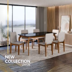 Conjunto de Jantar - Estrutura 100% em madeira maciça + 6 Cadeiras Estofadas.