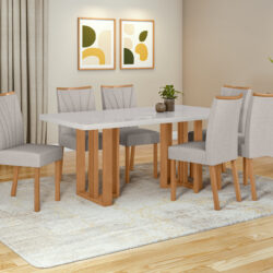 Conj. de Jantar com estrutura em madeira maciça: Mesa + 6 Cadeiras Bordadas