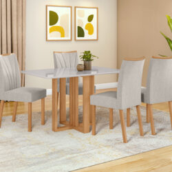 Conj. de Jantar com Estrutura em Madeira maciça:  Mesa + 4 Cadeiras Bordadas