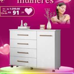 Cômoda com Rodinhas – 1 Porta + 4 Gavetas Por 12x de R$ 91,59 sem juros
