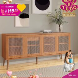 BUFFET 100% MDF COM PORTAS EM TELA + GAVETA + PÉS EM MADEIRA