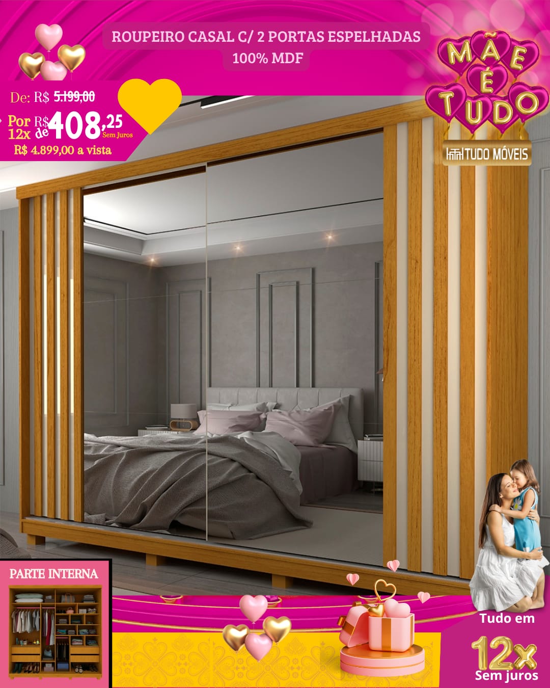 🪞 ROUPEIRO CASAL | 2 PORTAS ESPELHADAS | 100% MDF